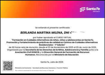 Certificado — Formación de Cuidados Alternativos de niños, niñas y adolescentes, Promoción y fortalecimiento de prácticas de calidad en Centros de Cuidados Alternativos Residenciales